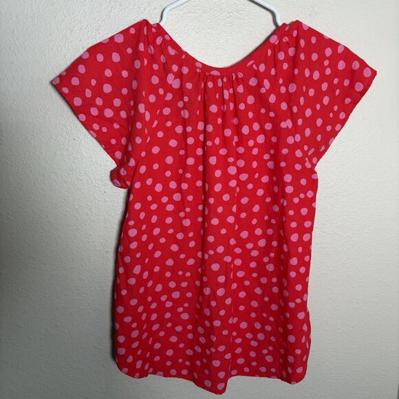 Loft Blouse Women's Small Red Pink Polka Dot Linen Blend Round Neck Ruffle Top - Picture 4 of 8
